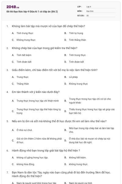Đề thi Đạo Đức lớp 4 Giữa kì 1 có đáp án (Đề 2)