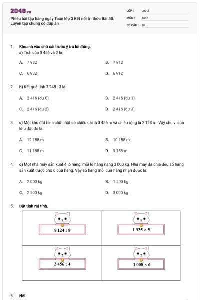 Phiếu bài tập hàng ngày Toán lớp 3 Kết nối tri thức Bài 58. Luyện tập chung có đáp án