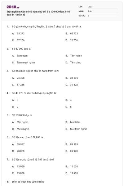 Trắc nghiệm Các số có năm chữ số. Số 100 000 lớp 3 (có đáp án - phần 1)