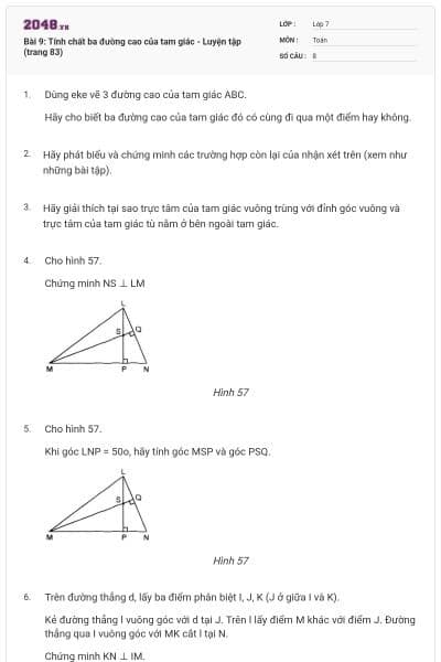 Bài 9: Tính chất ba đường cao của tam giác - Luyện tập (trang 83)