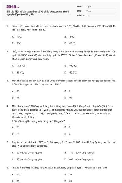 Bài tập Một số bài toán thực tế về phép cộng, phép trừ số nguyên  lớp 6 (có lời giải)