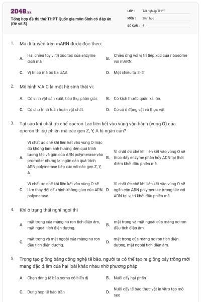 Tổng hợp đề thi thử THPT Quốc gia môn Sinh có đáp án (Đề số 8)
