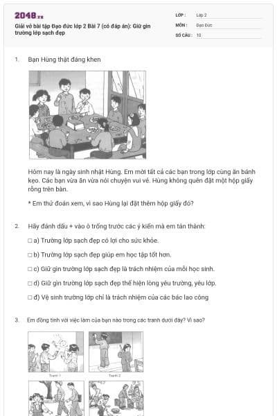 Giải vở bài tập Đạo đức lớp 2 Bài 7 (có đáp án): Giữ gìn trường lớp sạch đẹp