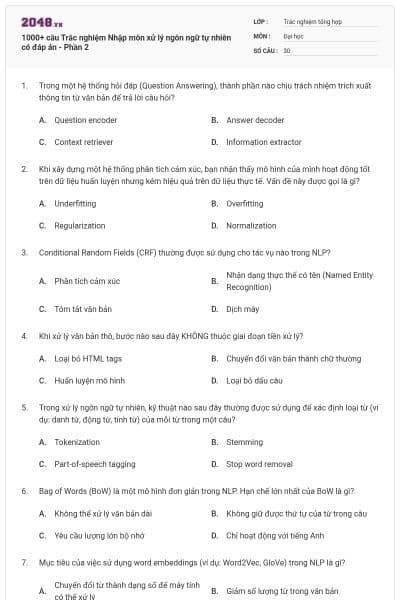 1000+ câu Trắc nghiệm Nhập môn xử lý ngôn ngữ tự nhiên có đáp án - Phần 2