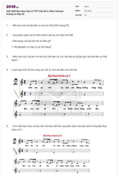 Giải SGK Âm nhạc lớp 6 CTST  Chủ đề 4: Khúc hát quê hương có đáp án