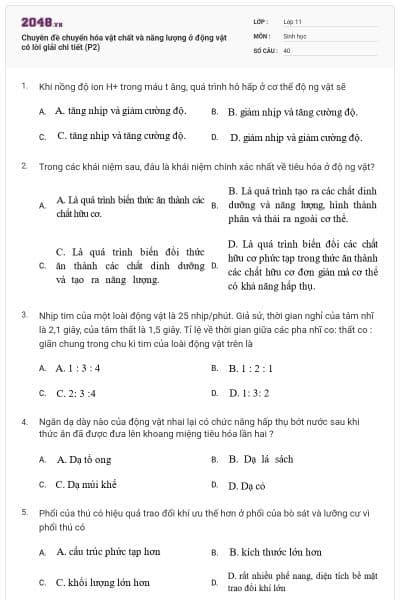 Chuyên đề chuyển hóa vật chất và năng lượng ở động vật có lời giải chi tiết (P2)