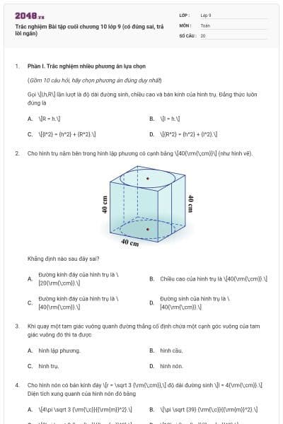 Trắc nghiệm Bài tập cuối chương 10 lớp 9 (có đúng sai, trả lời ngắn)