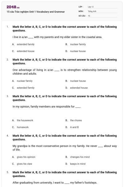 15 câu  Trắc nghiệm Unit 1 Vocabulary and Grammar