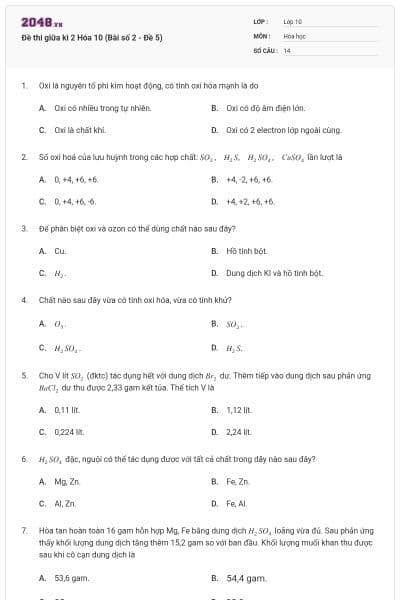 Đề thi giữa kì 2 Hóa 10 (Bài số 2 - Đề 5)