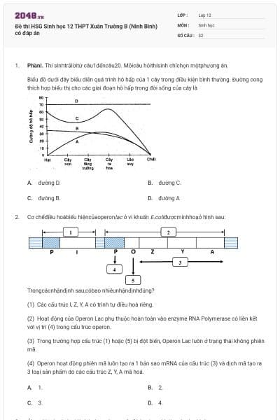 Đề thi HSG Sinh học 12 THPT Xuân Trường B (Ninh Bình) có đáp án