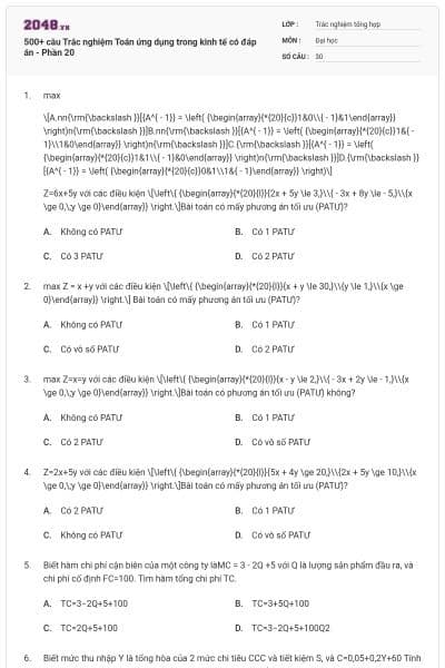 500+ câu Trắc nghiệm Toán ứng dụng trong kinh tế có đáp án - Phần 20