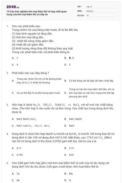 15 Câu trắc nghiệm kim loại kiềm thổ và hợp chất quan trọng của kim loại kiềm thổ có đáp án
