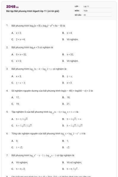 Bài tập Bất phương trình lôgarit lớp 11 (có lời giải)