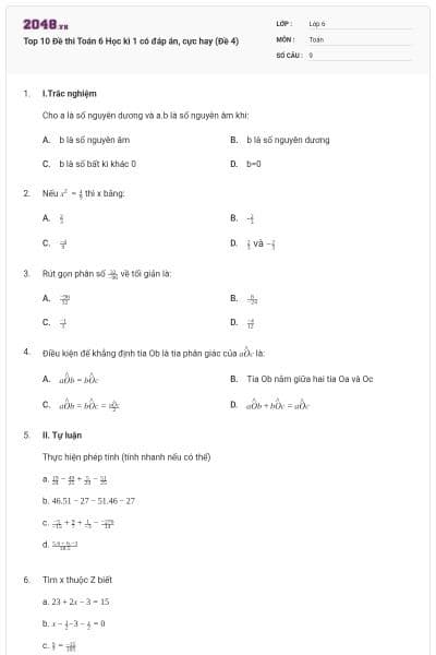 Top 10 Đề thi Toán 6 Học kì 1 có đáp án, cực hay (Đề 4)