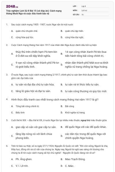 Trắc nghiệm Lịch Sử 8 Bài 15 (có đáp án): Cách mạng tháng Mười Nga và cuộc đấu tranh bảo vệ