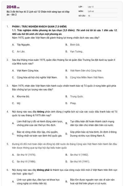 Bộ 3 đề thi học kì 2 Lịch sử 12 Chân trời sáng tạo có đáp án - Đề 2