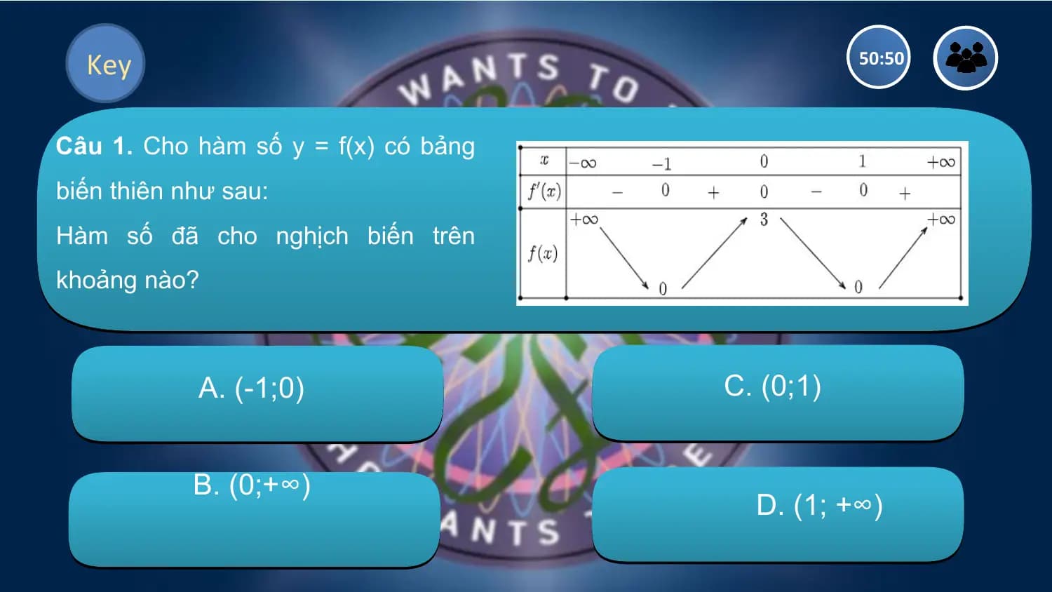 Key 50:50

Câu 1. Cho hàm số y = f(x) có bảng
biến thiên như sau:
Hàm số đã cho nghịch biến trên
khoảng nào?

 A. (-1;0) C. (0;1)

 B. (0;+∞)
 D. (1; +∞)