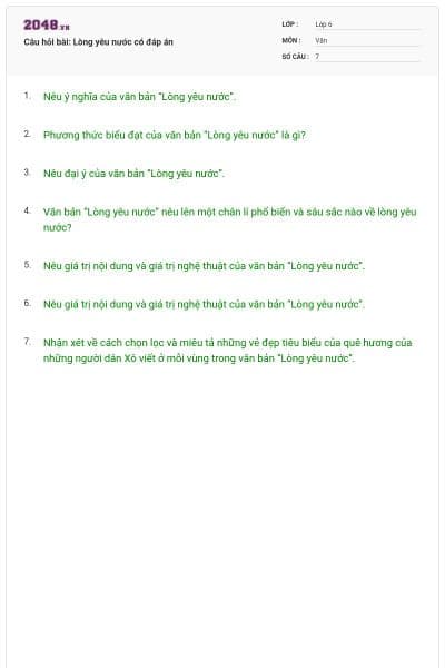 Câu hỏi bài: Lòng yêu nước có đáp án