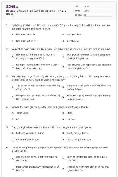 Đề kiểm tra Giữa kì 1 Lịch sử 12 Kết nối tri thức có đáp án (Đề 5)
