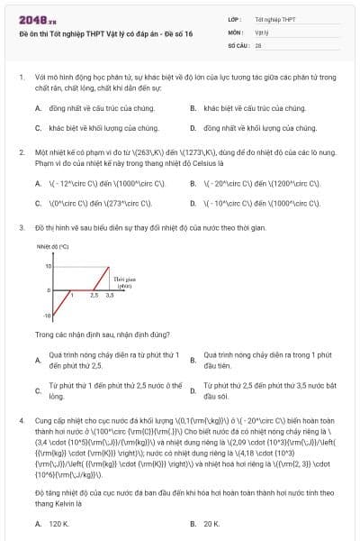 Đề ôn thi Tốt nghiệp THPT Vật lý có đáp án - Đề số 16