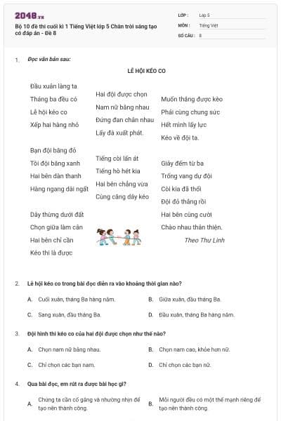 Bộ 10 đề thi cuối kì 1 Tiếng Việt lớp 5 Chân trời sáng tạo có đáp án - Đề 8