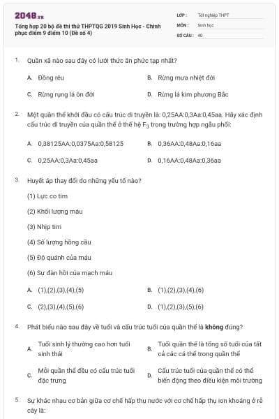 Tổng hợp 20 bộ đề thi thử THPTQG 2019 Sinh Học - Chinh phục điểm 9 điểm 10 (Đề số 4)