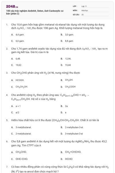 100 câu trắc nghiệm Anđehit, Xeton, Axit Cacboxylic cơ bản (phần 2)
