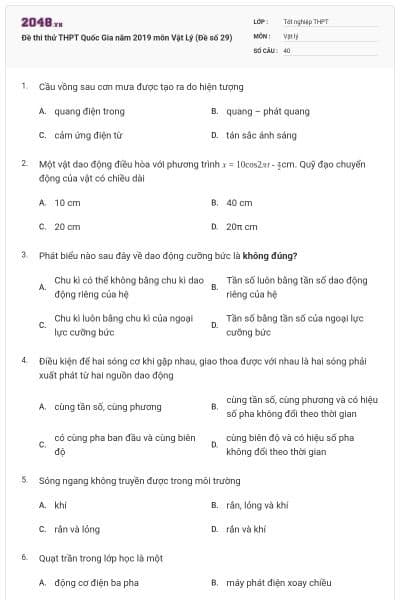 Đề thi thử THPT Quốc Gia năm 2019 môn Vật Lý (Đề số 29)