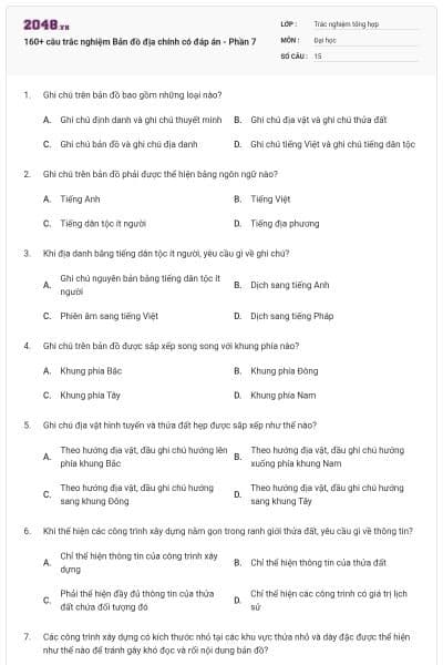 160+ câu trắc nghiệm Bản đồ địa chính có đáp án - Phần 7