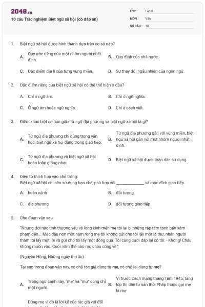 10 câu Trắc nghiệm Biệt ngữ xã hội (có đáp án)
