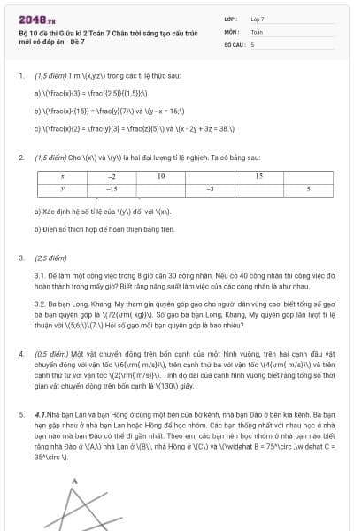 Bộ 10 đề thi Giữa kì 2 Toán 7 Chân trời sáng tạo cấu trúc mới có đáp án - Đề 7
