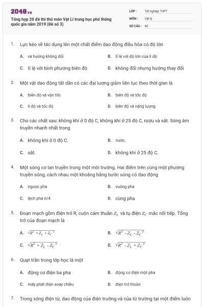 Tổng hợp 20 đề thi thử môn Vật Lí trung học phổ thông quốc gia năm 2019 (Đề số 3)