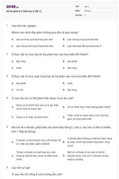 Đề thi giữa kì 2 Sinh học 6 (Đề 1)