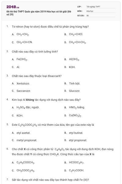 Đề thi thử THPT Quốc gia năm 2019 Hóa học có lời giải (Đề số 29)