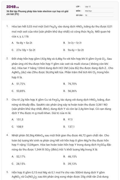 36 Bài tập Phương pháp bảo toàn electron cực hay có giải chi tiết (P2)
