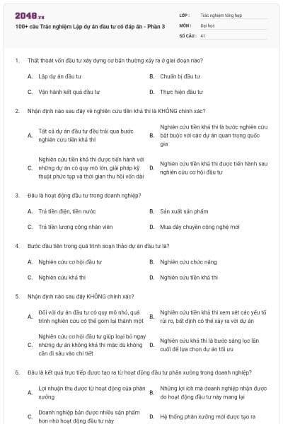 100+ câu Trắc nghiệm Lập dự án đầu tư có đáp án - Phần 3