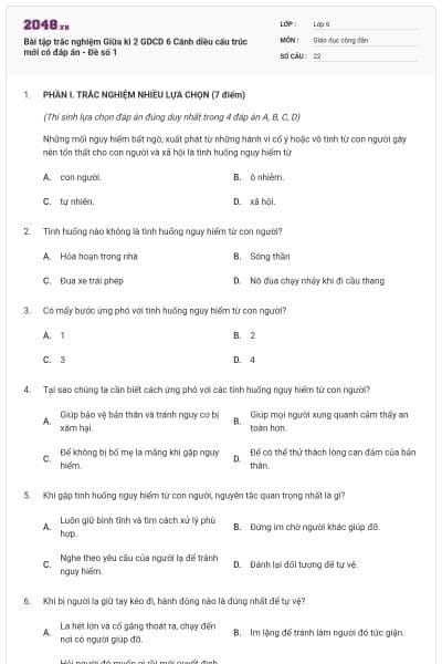 Bài tập trắc nghiệm Giữa kì 2 GDCD 6 Cánh diều cấu trúc mới có đáp án - Đề số 1