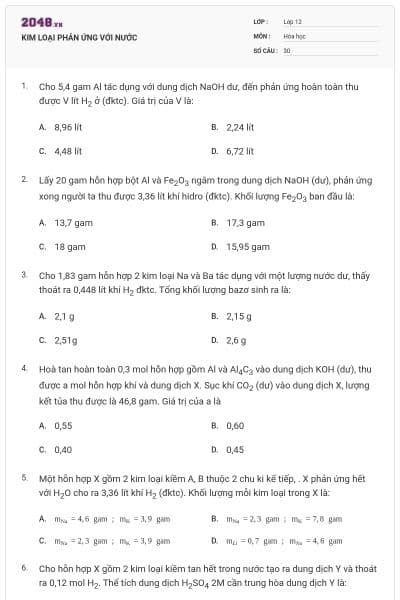 KIM LOẠI PHẢN ỨNG VỚI NƯỚC