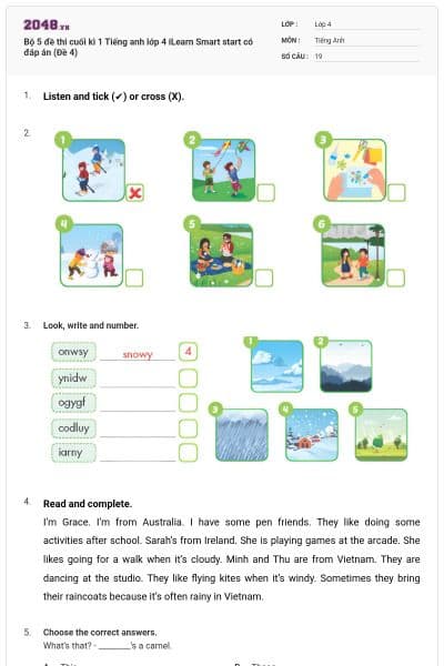 Bộ 5 đề thi cuối kì 1 Tiếng anh lớp 4 iLearn Smart start có đáp án (Đề 4)