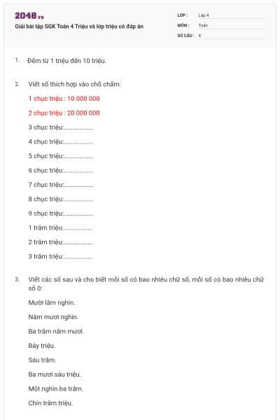 Giải bài tập SGK Toán 4 Triệu và lớp triệu có đáp án