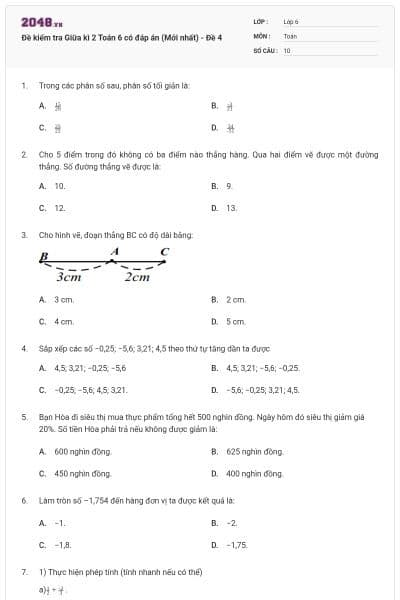 Đề kiểm tra Giữa kì 2 Toán 6 có đáp án (Mới nhất) - Đề 4