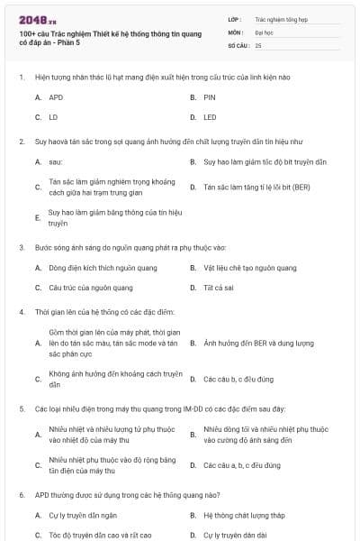 100+ câu Trắc nghiệm Thiết kế hệ thống thông tin quang có đáp án - Phần 5
