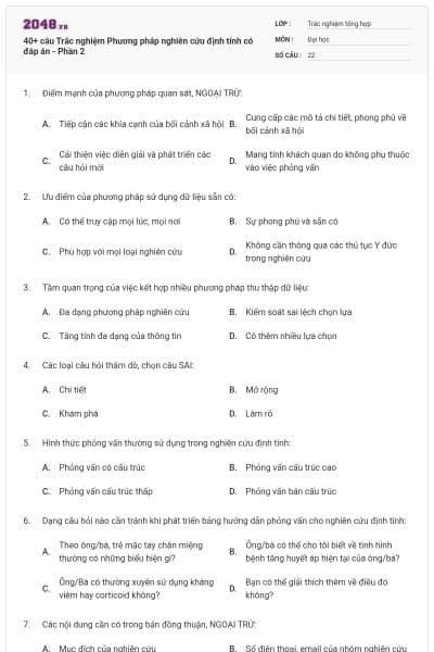 40+ câu Trắc nghiệm Phương pháp nghiên cứu định tính có đáp án - Phần 2