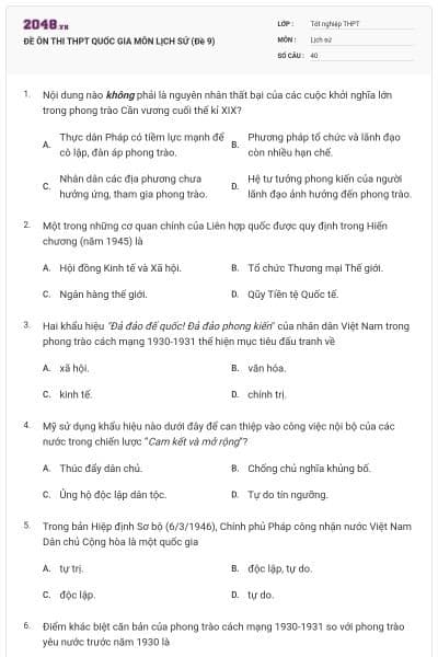 ĐỀ ÔN THI THPT QUỐC GIA MÔN LỊCH SỬ (Đề 9)