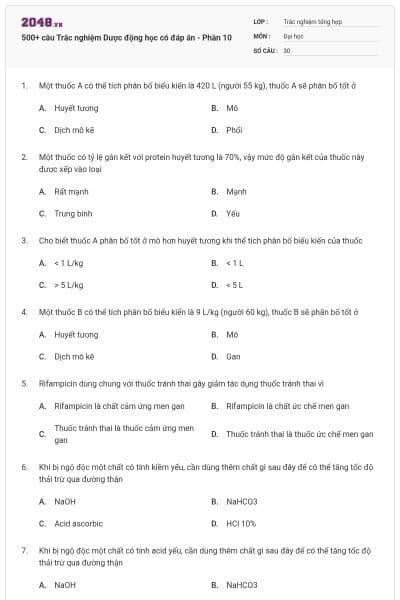 500+ câu Trắc nghiệm Dược động học có đáp án - Phần 10