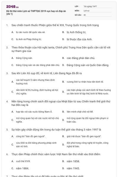 Đề thi thử môn Lịch sử THPTQG 2019 cực hay có đáp án (đề 1)