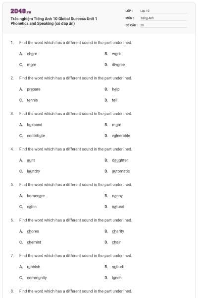 Trắc nghiệm Tiếng Anh 10 Global Success Unit 1 Phonetics and Speaking (có đáp án)