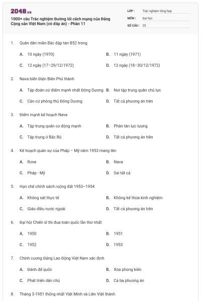 1000+ câu Trắc nghiệm Đường lối cách mạng của Đảng Cộng sản Việt Nam (có đáp án) - Phần 11