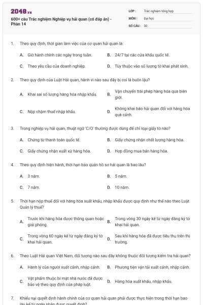 600+ câu Trắc nghiệm Nghiệp vụ hải quan (có đáp án) - Phần 14