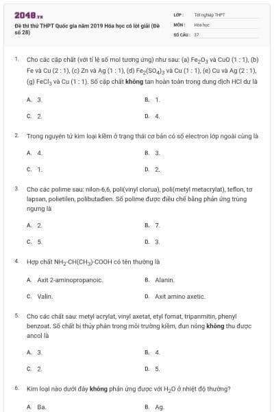 Đề thi thử THPT Quốc gia năm 2019 Hóa học có lời giải (Đề số 28)